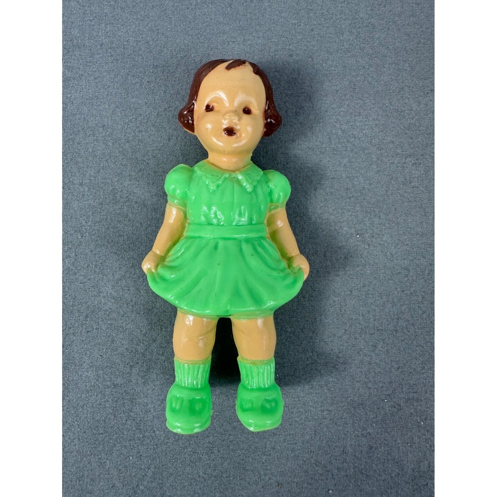Vintage 1940s 1950s Hard Plastic Girl Doll Molded Green Dress Painted 4"